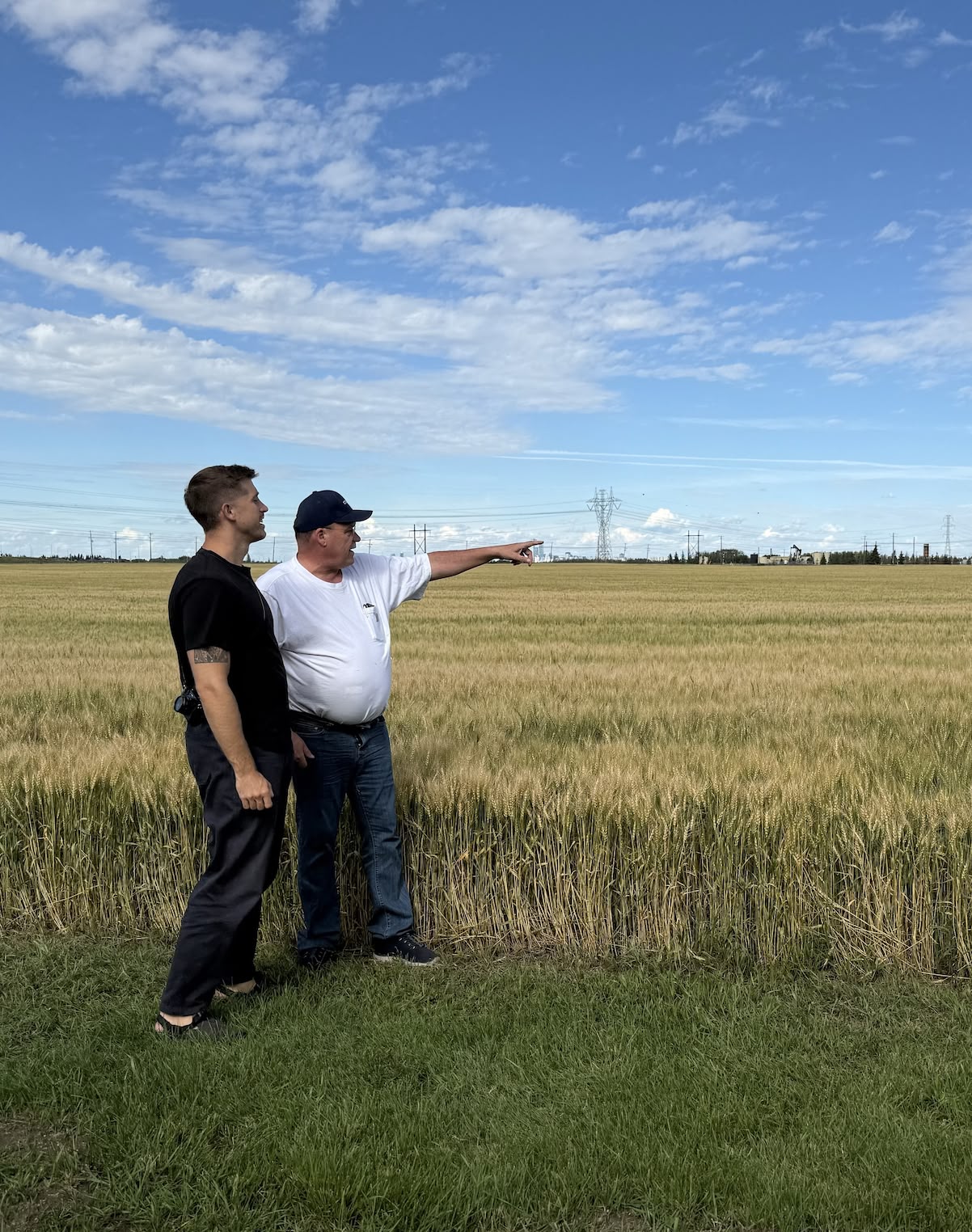 Rural Albertans pointing at oil and gas infrastructure across their farmland, showing the human impact of the well abandonment scam